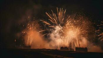 brillante fuegos artificiales iluminar el oscuro noche cielo generado por ai foto