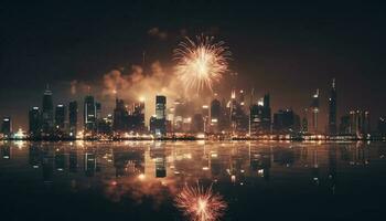 City skyline ignites with vibrant firework display generated by AI photo