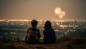 Two boys sitting by fire, enjoying nature generated by AI photo