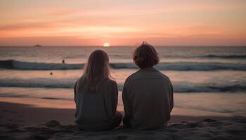 Caucasian couple embracing, watching the sunset together generated by AI photo