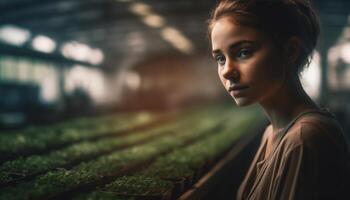 Young woman standing on railroad track, confident beauty generated by AI photo