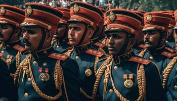 majestuoso Ejército de marcha en tradicional festival desfile generado por ai foto