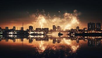 Vibrant city skyline reflects in waterfront at dusk generated by AI photo