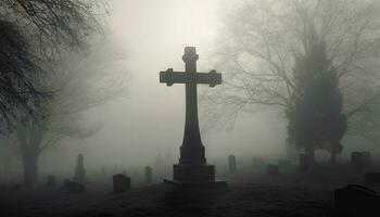 Silhouette of cross on tombstone in fog generated by AI photo