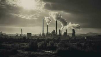Smokestack silhouette pollutes sky in manufacturing industry generated by AI photo
