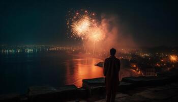 Men standing in awe of exploding fireworks generated by AI photo