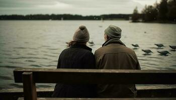 Caucasian couple sitting on bench, enjoying autumn generated by AI photo