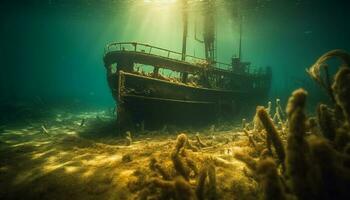 Deep sea adventure exploring shipwreck and sea life generated by AI photo