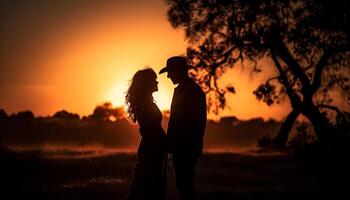 Sun kissed couple embraces in nature beauty generated by AI photo