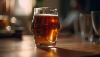 Foamy beer poured into gold pint glass generated by AI photo