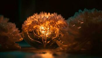 Glowing flame illuminates dark underwater plant life generated by AI photo