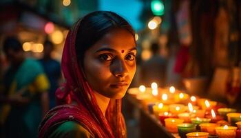 Young women smiling, illuminated by candle flame generated by AI photo