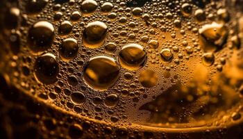 Golden beer bubbles reflect on wet surface generated by AI photo