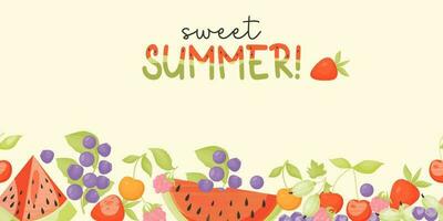 Sweet summer. Horizontal seamless border background with summer berries and lettering with watermelon pattern. Vector illustration. Banner in cartoon style for design, decoration, cards and printing.