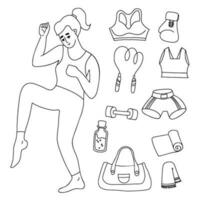 Collection outline doodles female sports. Woman boxer, sportswear, jump rope and dumbbells, mat and boxing gloves. Isolated linear vector drawings for design and decoration women sport and hobbies.