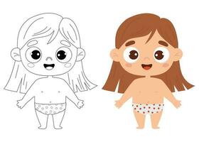 Cute cartoon smiling kid girl in shorts. Outline drawing coloring book and color drawing. Vector illustration. Childrens collection. Isolated funny kids on white background.