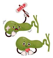 Cute cartoon character gallbladder. Human organ with different emotions. Happy and sad, cries and asks for help. Vector illustration. Concept health and disease, pain.