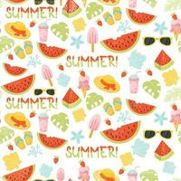 Summer seamless pattern with watermelon, shells, straw hat, slippers, ice cream on white background. Vector illustration in flat cartoon style for design, wallpaper, wrapping paper, fabric.