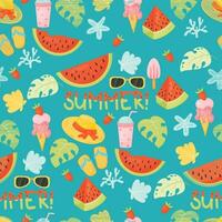 Summer seamless pattern. Tropical endless background with watermelons, ice cream, seashells and beach slippers on emerald background. Vector illustration in flat cartoon background.