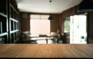 Empty dark wooden table in front of abstract blurred bokeh background of restaurant . can be used for display or montage your products.Mock up for space. photo