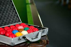 Man's hand and Cue arm playing snooker game or preparing aiming to shoot pool balls on a green billiard table. Colorful snooker balls on green frieze. photo