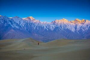 Beautiful desert at sunrise on mountain landscape background. photo