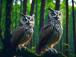 Two owls are sitting on a branch in the forest. photo