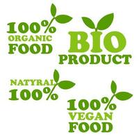 Organic natural bio labels icon set, healthy food icons, 100 organic food, fresh organic vegetarian food. Vector illustration. Printing on packaging for goods in stores. A sign of naturalness. Branch