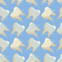 A pattern of simple clean teeth with dental floss. Dental treatment. Topic Flossing teeth. Cartoon vector illustration. Blue background for printing on fabric and wrapping paper. Seamless pattern