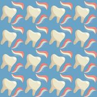 A pattern of simple clean teeth and toothpaste. Brushing your teeth. Topic brushing teeth with toothpaste. Cartoon vector illustration. Blue background for printing on fabric and wrapping paper