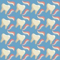 A pattern of simple clean teeth and toothpaste. Brushing your teeth. Topic brushing teeth with toothpaste. Cartoon vector illustration. Blue background for printing on fabric and wrapping paper