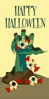 A scary zombie hand crawling out of the ground in the hand of candy in the form of eyes on a white background, a postcard for a Halloween party. Vector illustration. Printing on textiles and paper