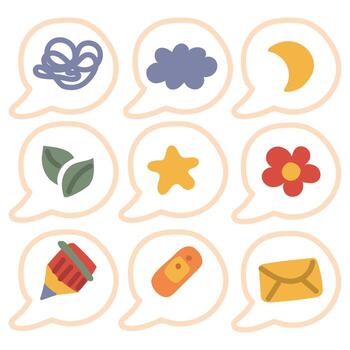 un conjunto de pegatinas para social redes con un plano diseño en un habla burbuja. aislado vector ilustraciones para en línea comunicación, social redes, web diseño, móvil mensajería, charlar. amable