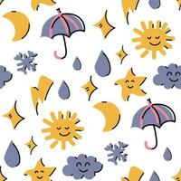 A pattern of cute little stickers with stylish weather-themed illustrations. Seamless background with fashionable cozy elements. Ideal for printing on textiles and paper. Decoration for the store vector