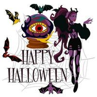 Vector illustration of a witch with bats, a magic ball, a spider web and the inscription Happy Halloween for a party invitation card, poster. Greeting card, banner for the Day of the Dead. Printing