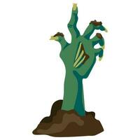 Scary zombie hand crawling out of the ground on a white background, Halloween holiday - vector illustration. A green rotten hand in the sand climbs out of the grave. Scary and broken