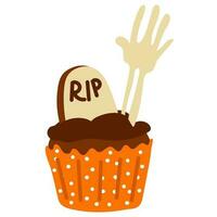 Vector cartoon cupcake with cream and grave and hand decor. Cartoon Halloween theme for kids. Funny autumn cartoon dessert for Halloween. Drawing for postcards, party invitations