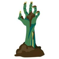 Scary zombie hand crawling out of the ground on a white background, Halloween holiday - vector illustration. A green rotten hand in the sand climbs out of the grave. Scary and broken