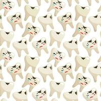 A pattern of sad upset teeth with caries, a boy and a girl crying. The topic is dental caries. Funny vector illustration. White background for tablecloth, fabric, wrapping paper. Seamless cartoon
