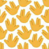 Seamless pattern in greeting from the space area. The sign of the joined fingers is the index, middle and ring fingers and the little finger. Ufo greeting, the cosmos concept. Vector cartoon