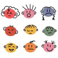 A set of round abstract faces with different emotions and hairstyles. Different colorful characters. Cartoon, flat style. Fashionable vector illustration of a hand-drawn face for a daily planner.