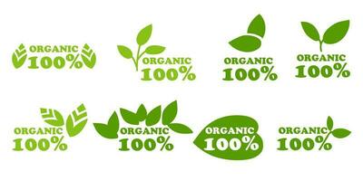 Organic Natural bio labels icon set, healthy food icons, ORGANIC 100, fresh organic vegetarian food. Vector illustration. Printing on packaging for goods in stores. A sign of naturalness and quality