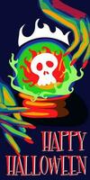 Vector illustration of witches' hands with a magic ball, a prediction of death and the inscription Happy Halloween for a party invitation card, poster. Greeting card, banner for the Day of the Dead