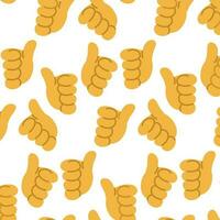 Seamless pattern with a support sign, thumbs up. The hand sign is cool, super, great, well done, keep it up. The concept of successful business and performance. Vector illustration