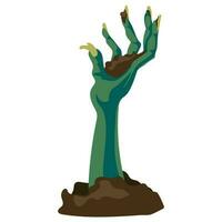 Scary zombie hand crawling out of the ground on a white background, Halloween holiday - vector illustration. A green rotten hand in the sand climbs out of the grave. Scary and broken