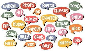 A set of speech bubbles of different colors and shapes with youth inscriptions. Stickers to indicate the mood. Collection of stickers in the form of clouds with text for a diary, a glider, records vector