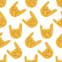 Pattern with Rock n Roll hand sign icon. Cartoon yellow hand with a rock sign on a white background. Printing on textiles and paper. Background for a concert in a simple style. Rock forever vector