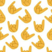 Pattern with Rock n Roll hand sign icon. Cartoon yellow hand with a rock sign on a white background. Printing on textiles and paper. Background for a concert in a simple style. Rock forever vector