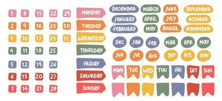 A set of elements with inscriptions of days of weeks full and abbreviated version. Icons of the days of the week. A set of calendar icons for every day of the week in a fashionable flat style vector