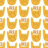 A pattern with a rock and roll hand sign icon. Cartoon yellow hands in a row with a rock sign on a white background with text. Printing on textiles and paper Background for a concert in a simple style vector